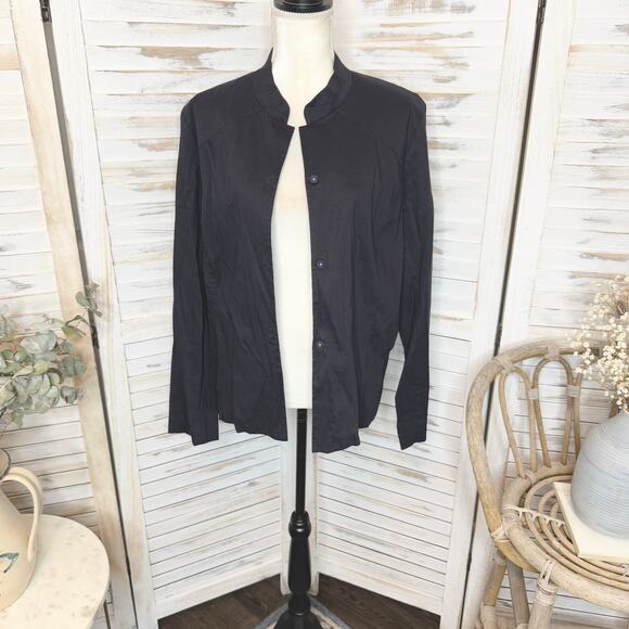 EILEEN FISHER Women's XL Italian Linen Button Blazer Black Mandarin Collar Moto - Picture 13 of 13